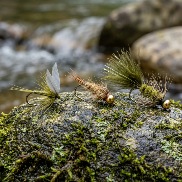 Makro-Aufnahme von 3 künstlichen Forellen-Fliegen auf einem moosigen Flussstein: Trockenfliege, Goldkopfnymphe und Streamer