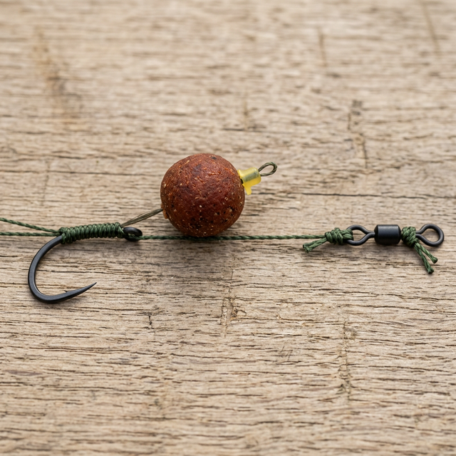 Detailaufnahme eines Hair-Rigs für Karpfenangeln: Haken, Boilie am Haar, Knotless-Knot-Bindung und Wirbel