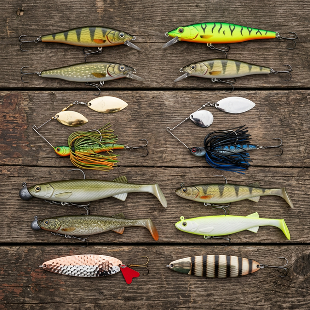 Auswahl von Hechtködern: Jerkbaits in Barsch- und Firetiger-Dekor, Spinnerbaits mit Doppelblatt, große Gummifische und klassische Blinker