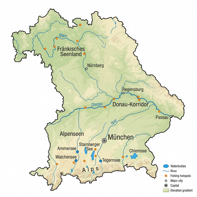 Karte der Angelgewässer in Bayern: Alpenseen, Donau-Korridor, Fränkisches Seenland und Oberpfalz mit Angler-Hotspots