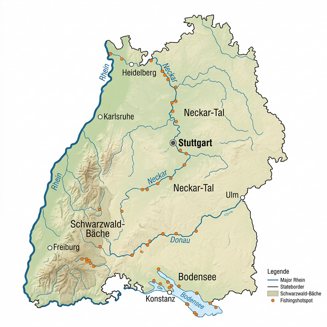 Karte der Angelgewässer in Baden-Württemberg: Bodensee, Schwarzwald-Bäche, Neckar-Tal und Rhein