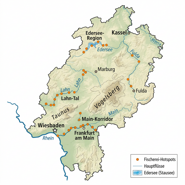 Karte der Angelgewässer in Hessen: Edersee, Main-Korridor, Lahn-Tal und Fulda