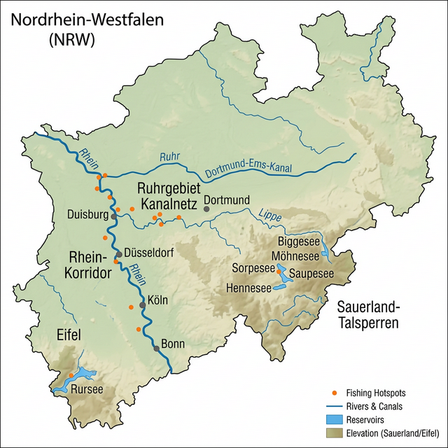 Karte der Angelgewässer in NRW: Rhein-Korridor, Sauerland-Talsperren und Ruhrgebiet-Kanalnetz mit Angler-Hotspots