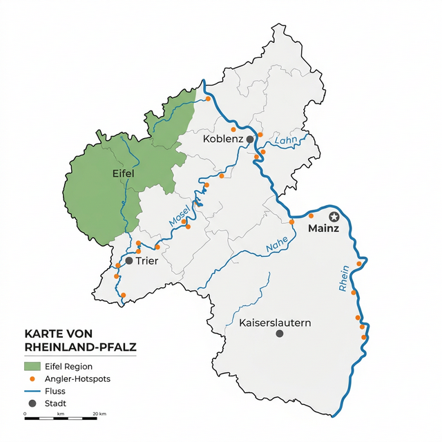 Karte der Angelgewässer in Rheinland-Pfalz: Rhein, Mosel, Nahe, Lahn und Eifel-Region mit Angler-Hotspots