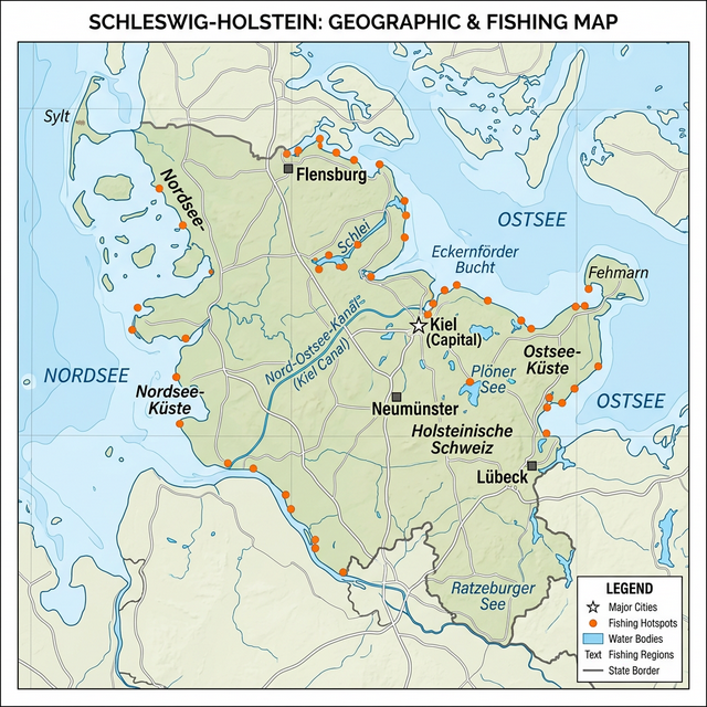 Karte der Angelgewässer in Schleswig-Holstein: Nordsee, Ostsee, Holsteinische Schweiz und Nord-Ostsee-Kanal