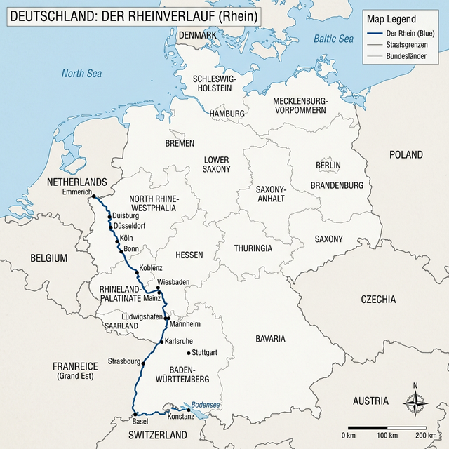 Professionelle geografische Vektorkarte, die den blauen Verlauf des Rheins durch die deutschen Bundesländer vom Bodensee bis in die Niederlande zeigt